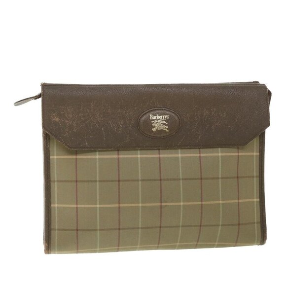 Burberrys Nova Check Clutch Bag Nylon Canvas Brown - Picture 1 of 16